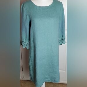 Valentina Naldi 100%Linen Shift Dress Womens Seafoam Green Crochet Trim Italy XL